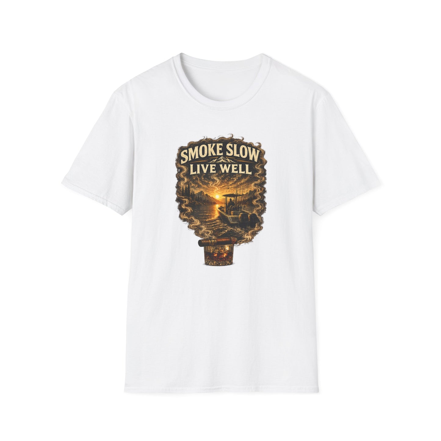 Smoke Slow Live Well Cigar T-Shirt – Whiskey & Outdoor Boating Lifestyle Cigar Tee