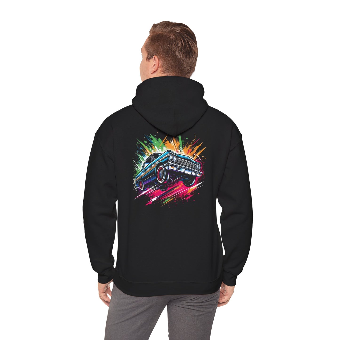 Chevy Impala Hydraulics Lowrider Colorful Drawing Graphic Hoodie - Old School Hip Hop Cholo Art Design - Chicano Car Club Graphic Hoodie