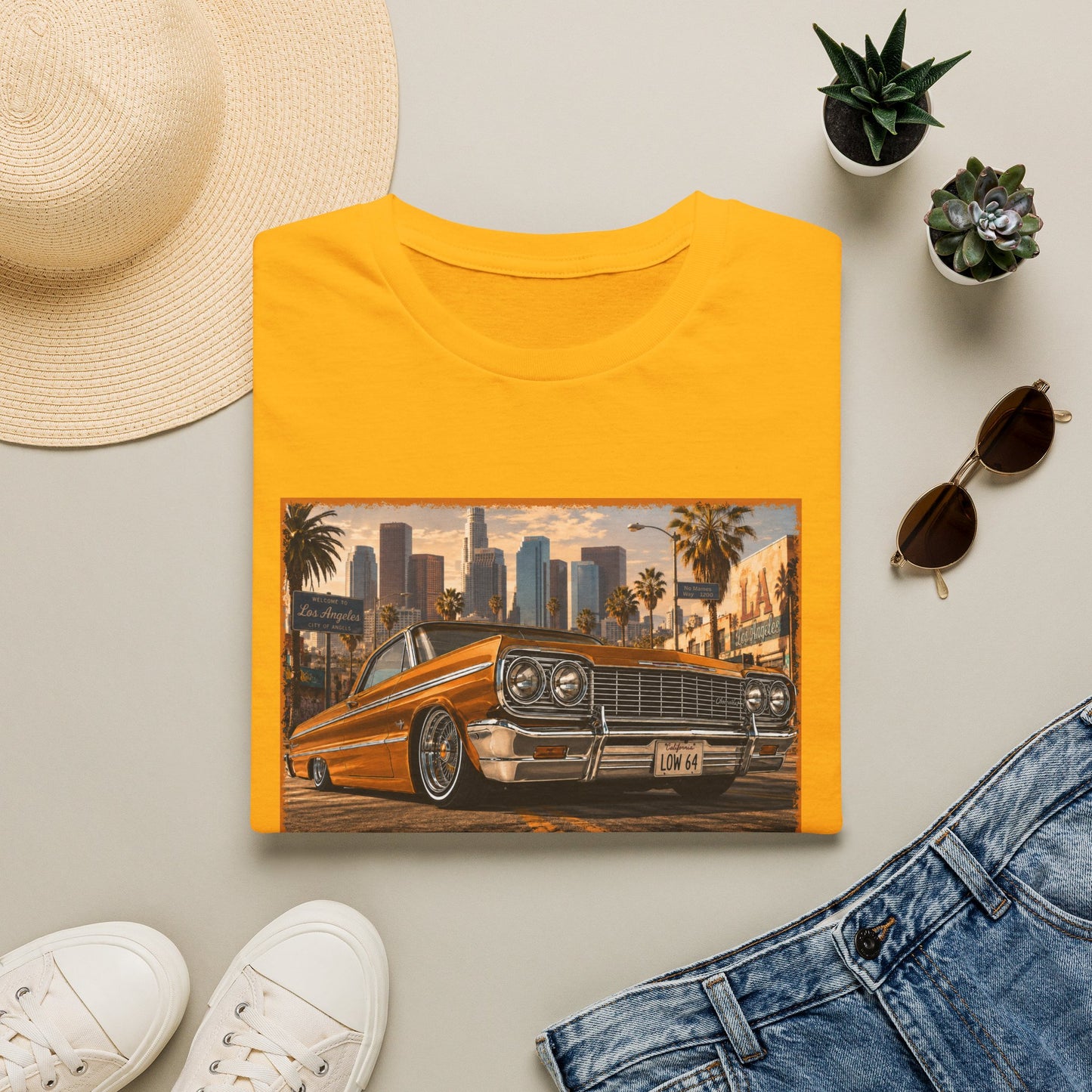 Los Angeles Lowrider T-Shirt, Orange Classic Car Graphic Tee, 1964 Style Car Shirt for Car Lovers