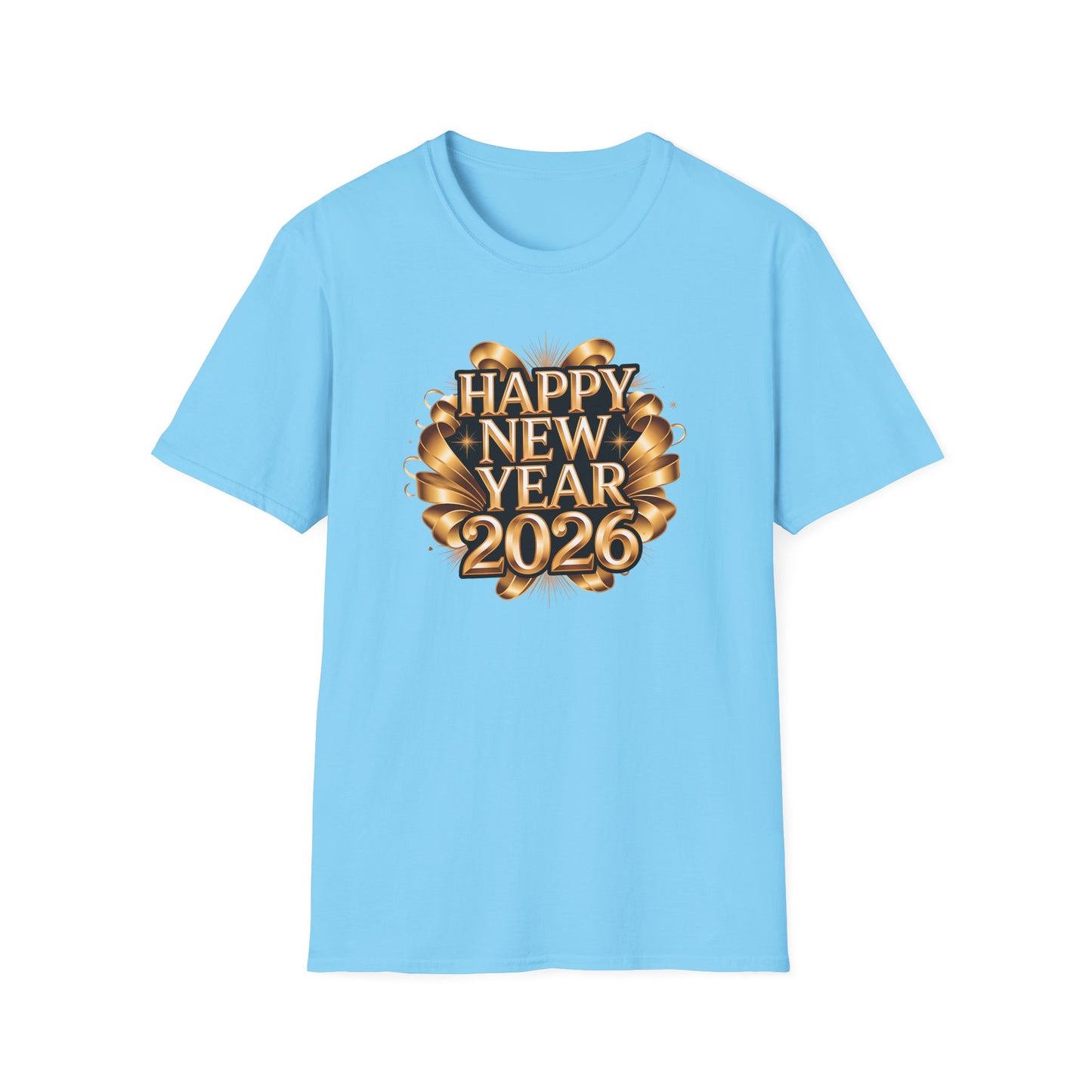 Happy New Year 2026 T-Shirt – Gold Metallic New Year Shirt, Luxury 2026 NYE Celebration Tee with Ribbon Design, Elegant New Year’s Eve Party Top