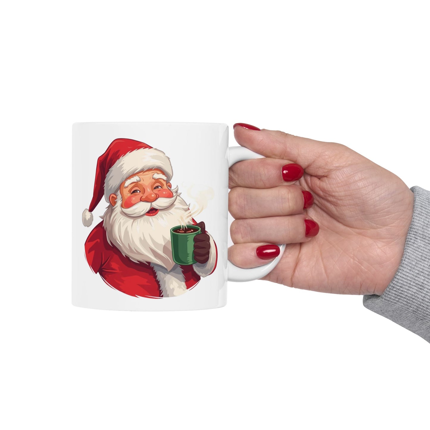 Santa enjoying Hot Chocolate Mug – Cute Holiday Coffee Cup, Festive Santa Ceramic Mug, Christmas Gift Idea (11oz/15oz)