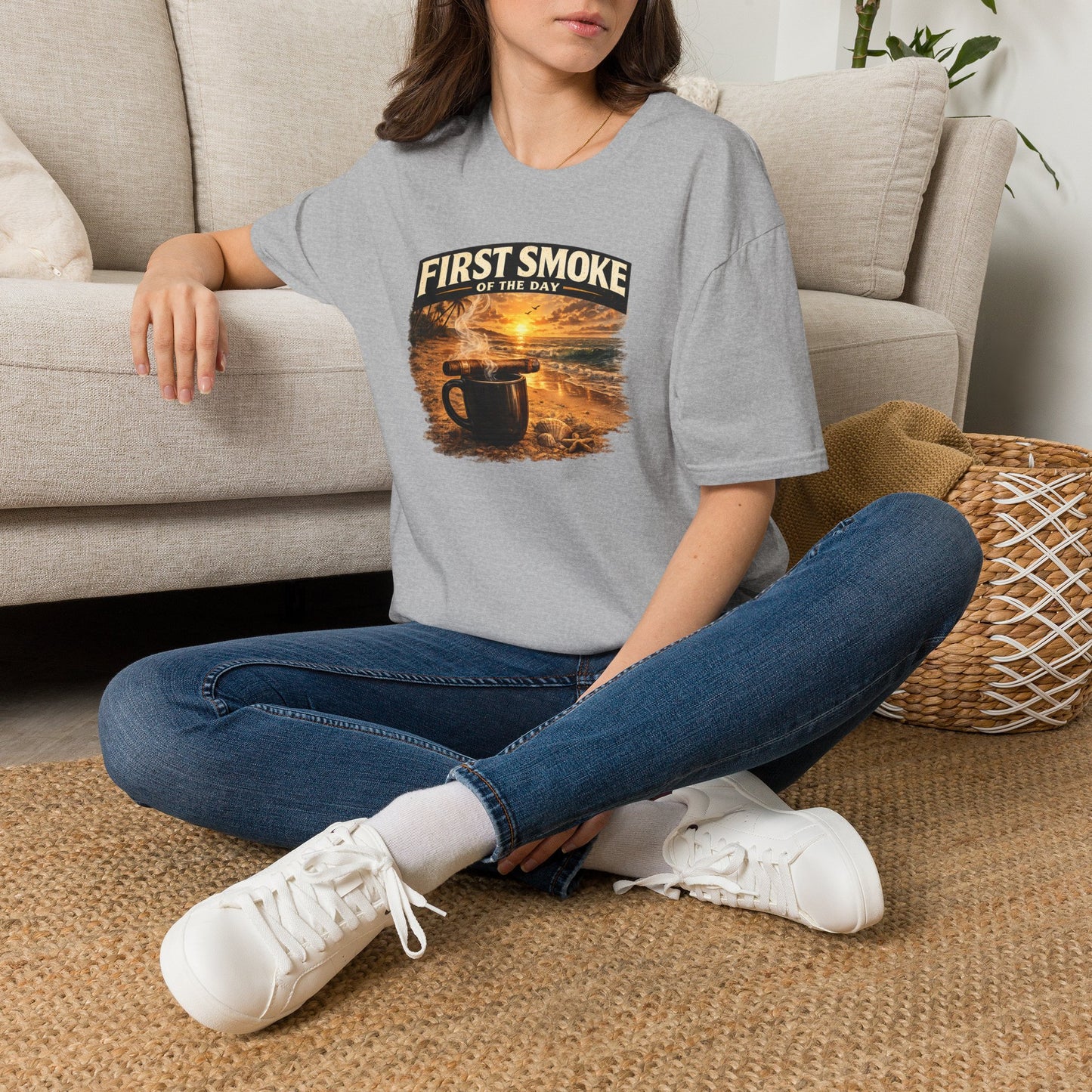 First Smoke of the Day T-Shirt – Cigar & Coffee Beach Sunrise Tee