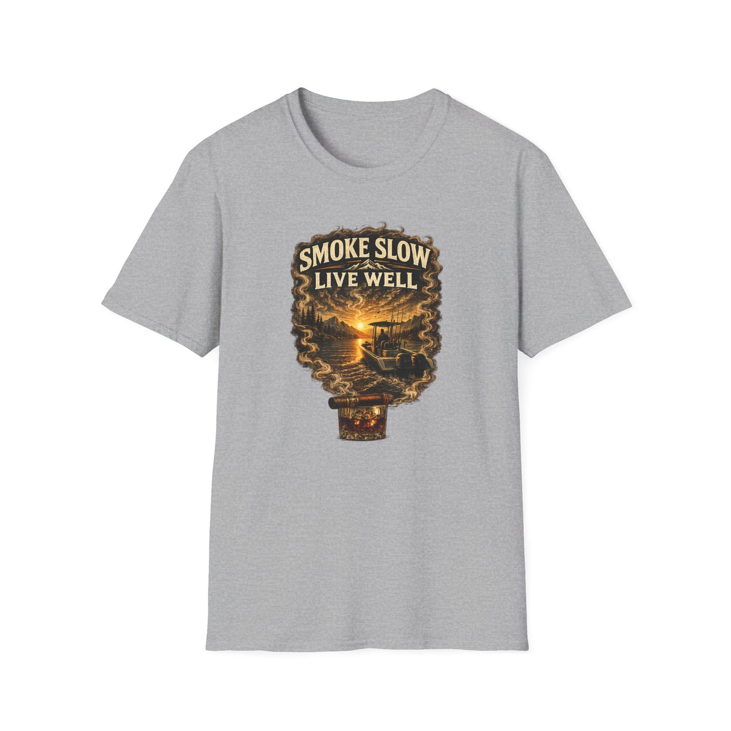Smoke Slow Live Well Cigar T-Shirt – Whiskey & Outdoor Boating Lifestyle Cigar Tee