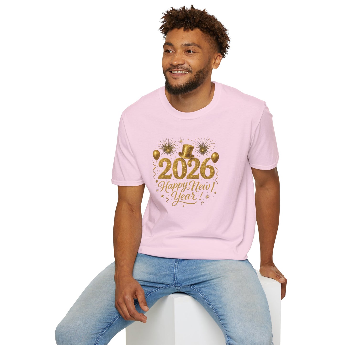 Happy New Year 2026 Gold Glitter T-Shirt – Sparkly New Year’s Eve Party Shirt, Festive 2026 NYE Tee with Fireworks & Balloons, Holiday Celebration Top