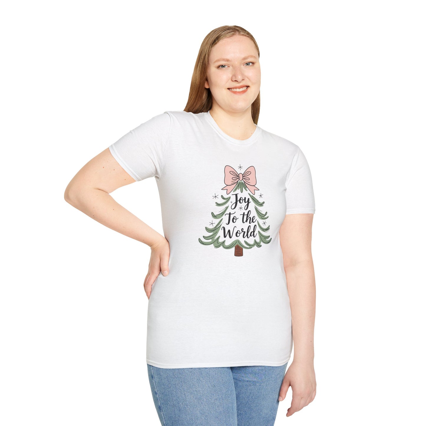 Joy to the World Christmas T-Shirt – Cute Pastel Bow Christmas Tree Tee, Festive Holiday Graphic Shirt for Women