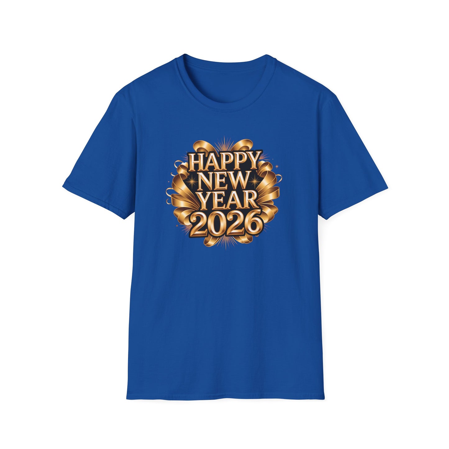 Happy New Year 2026 T-Shirt – Gold Metallic New Year Shirt, Luxury 2026 NYE Celebration Tee with Ribbon Design, Elegant New Year’s Eve Party Top