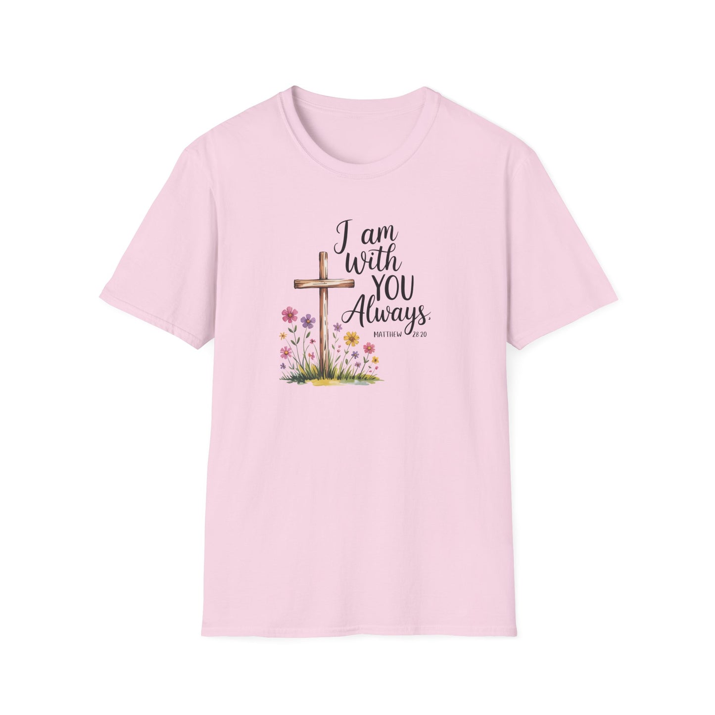 I Am With You Always Christian T-Shirt – Matthew 28:20 Scripture Tee with Cross and Flowers, Faith Inspirational Shirt