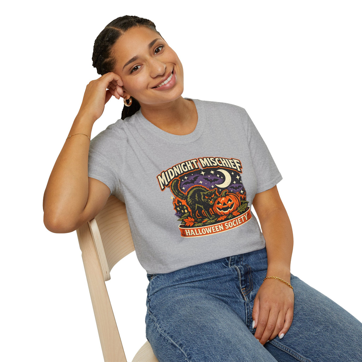 Halloween Black Cat Shirt, Midnight Mischief Halloween Society Tee, Pumpkin Cat T-Shirt, Cute Spooky Season Shirt, Fall Gift