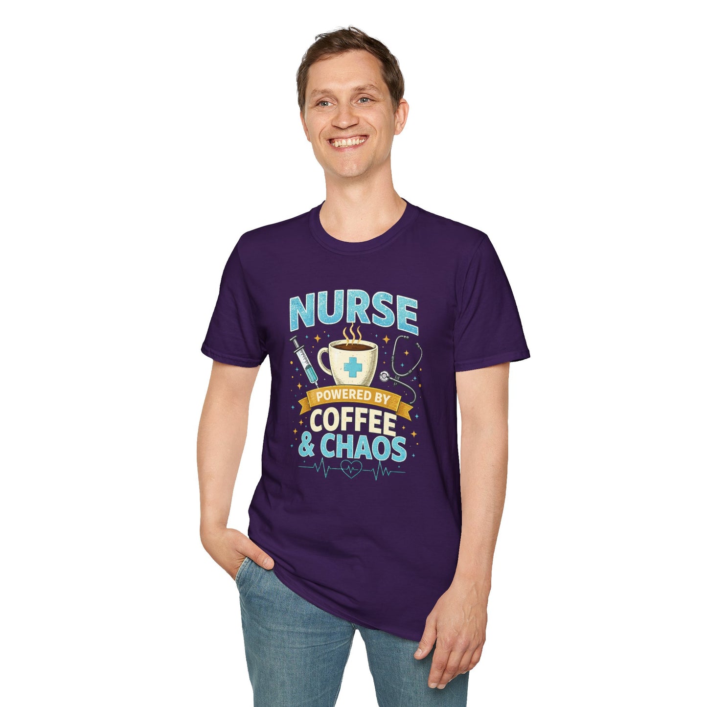 Nurse Powered by Coffee & Chaos Shirt, Funny Nurse Tee, RN CNA Gift, Nurse Life Graphic T-Shirt, Medical Worker Gift, Cute Nursing Shirt for Women Men