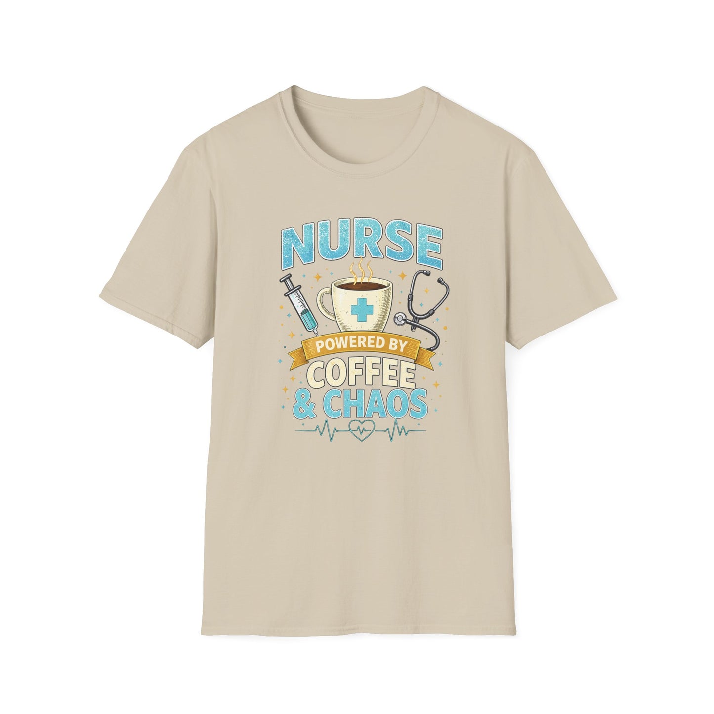 Nurse Powered by Coffee & Chaos Shirt, Funny Nurse Tee, RN CNA Gift, Nurse Life Graphic T-Shirt, Medical Worker Gift, Cute Nursing Shirt for Women Men