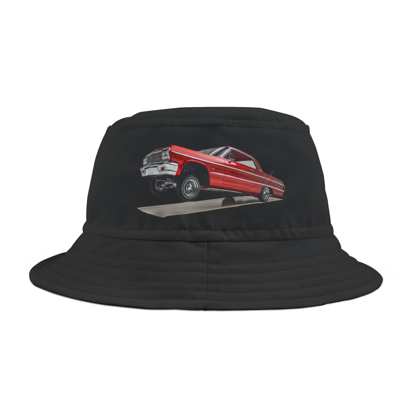 1964 Chevy Impala Hydraulics Lowrider graphic Bucket Hat - Old School Hip Hop Cholo Art Hat Design - Chicano Car Club Graphic Hat