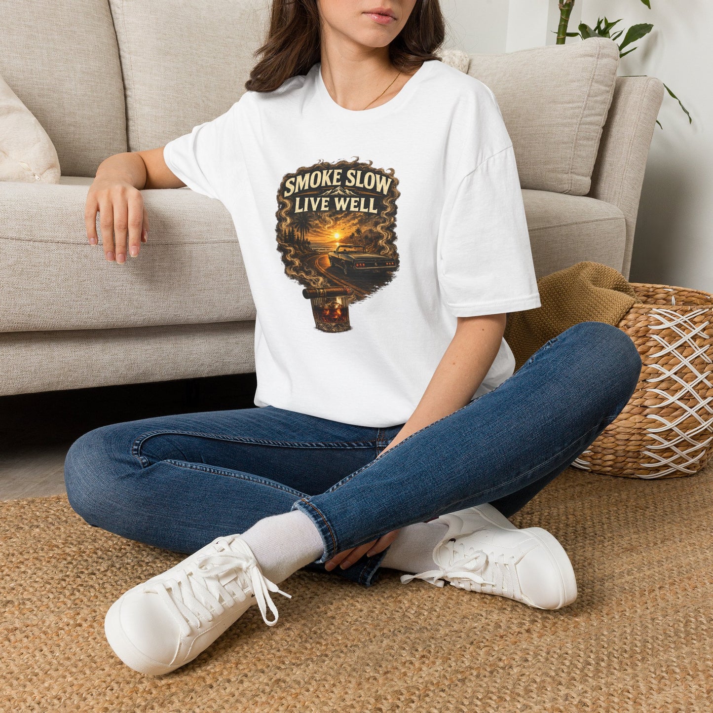 Smoke Slow Live Well Classic Car T-Shirt – Cigar, Whiskey & Sunset Cruise Tee  ⭐ Product Description