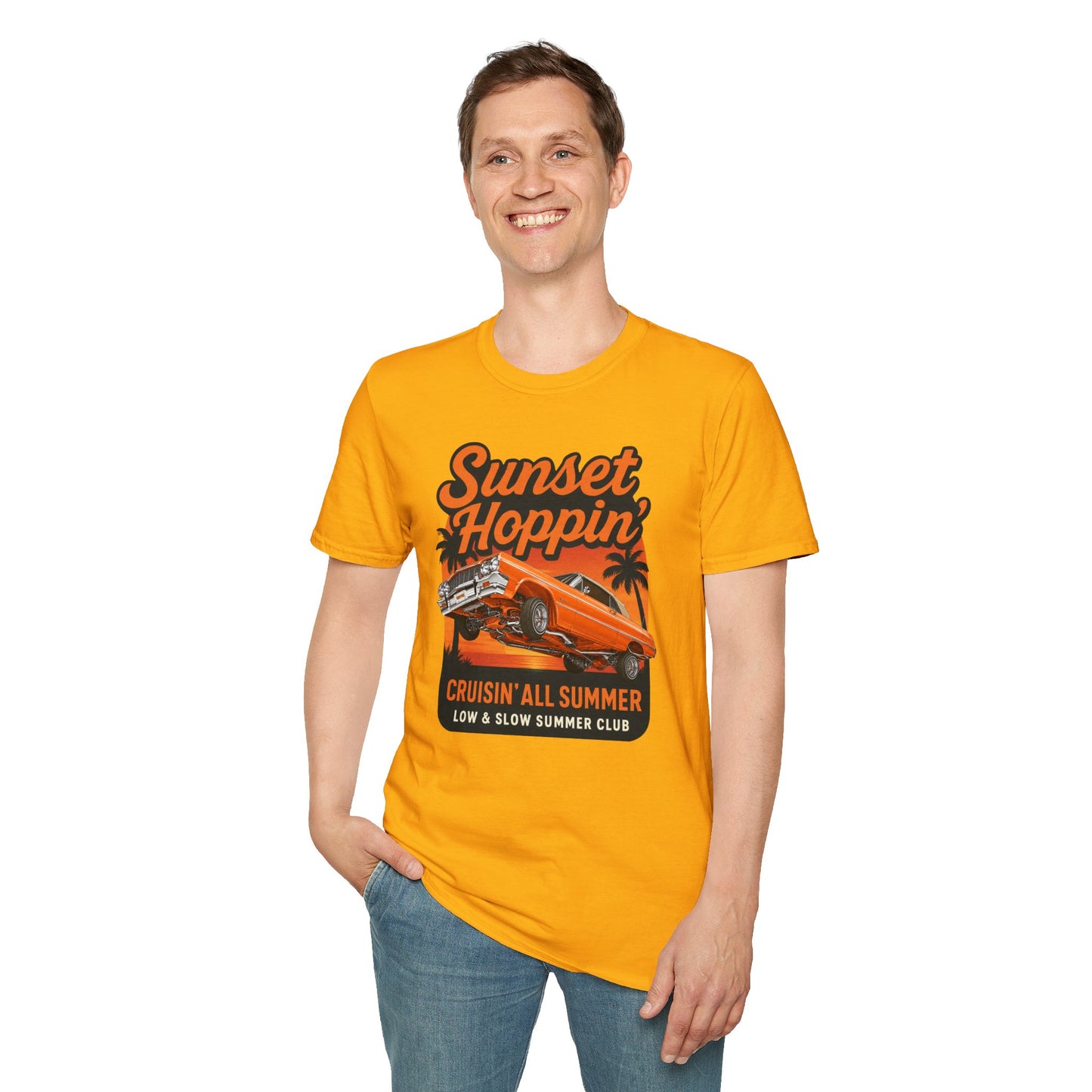 Lowrider Summer Shirt, Sunset Hoppin Tee, Cruisin All Summer Graphic Shirt, Low and Slow Car Tee, Unisex Car Lover Gift