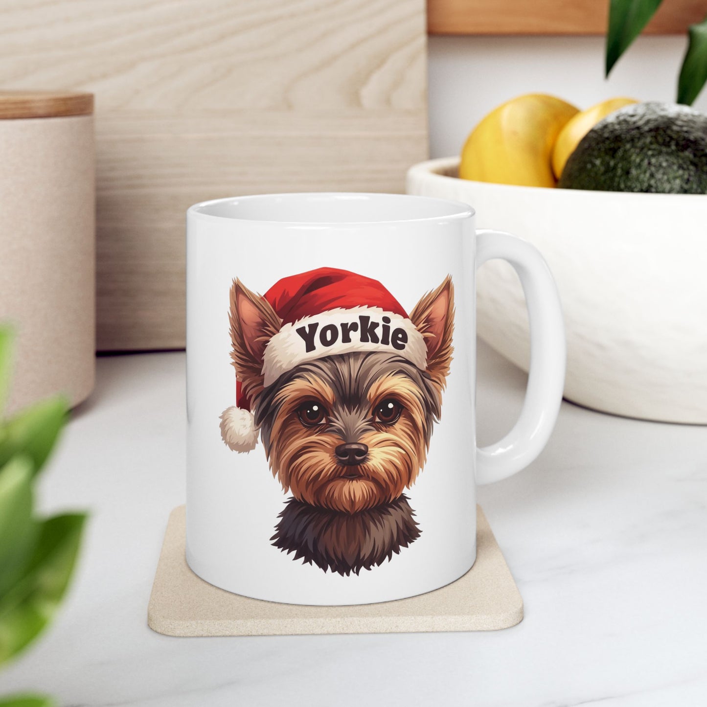 Yorkie Holiday Portrait Mug – Cute Holiday Coffee Cup, Festive Yorkie Ceramic Mug, Christmas Gift Idea (11oz/15oz)