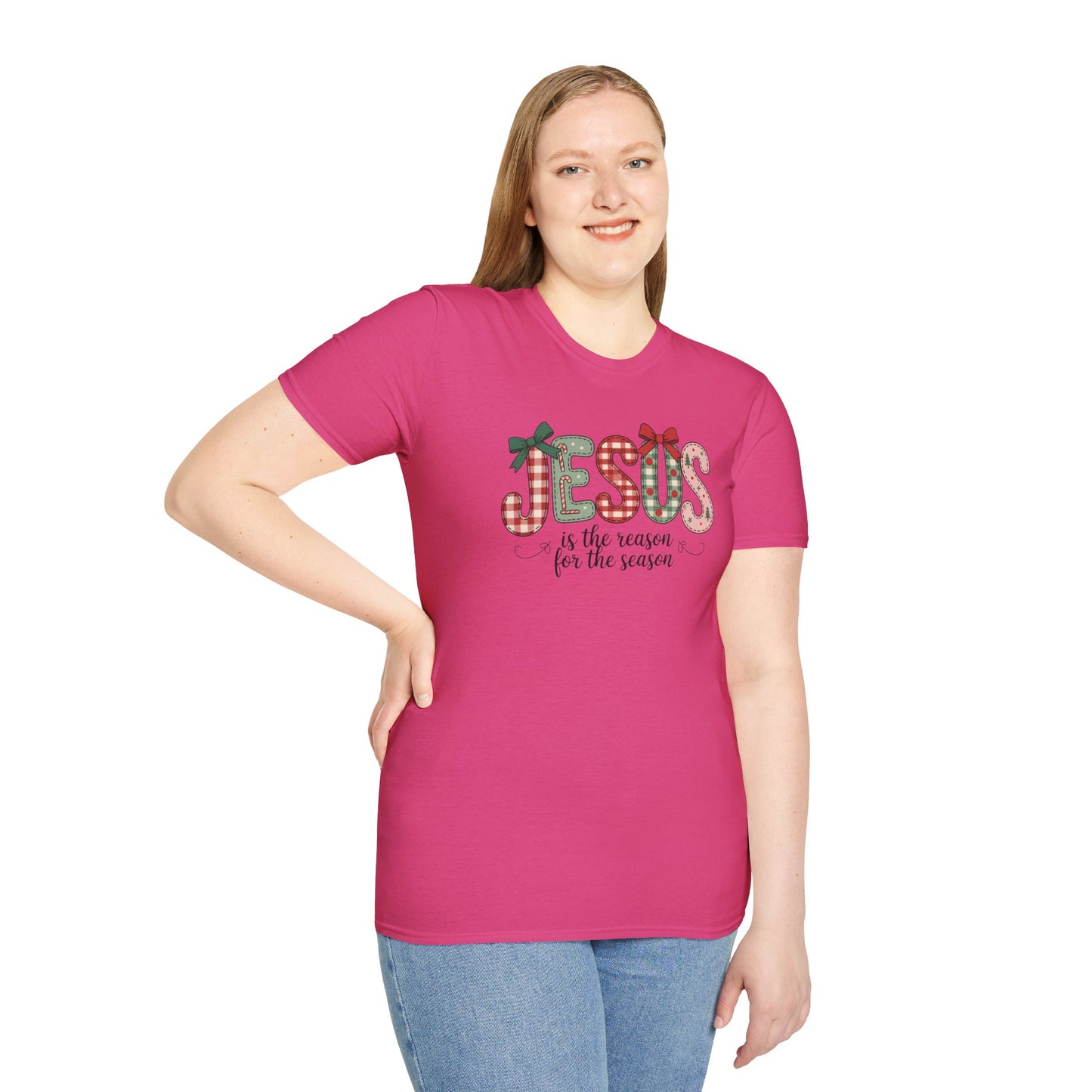 Jesus Is the Reason for the Season Christmas T-Shirt – Cute Plaid Holiday Christian Tee with Bows