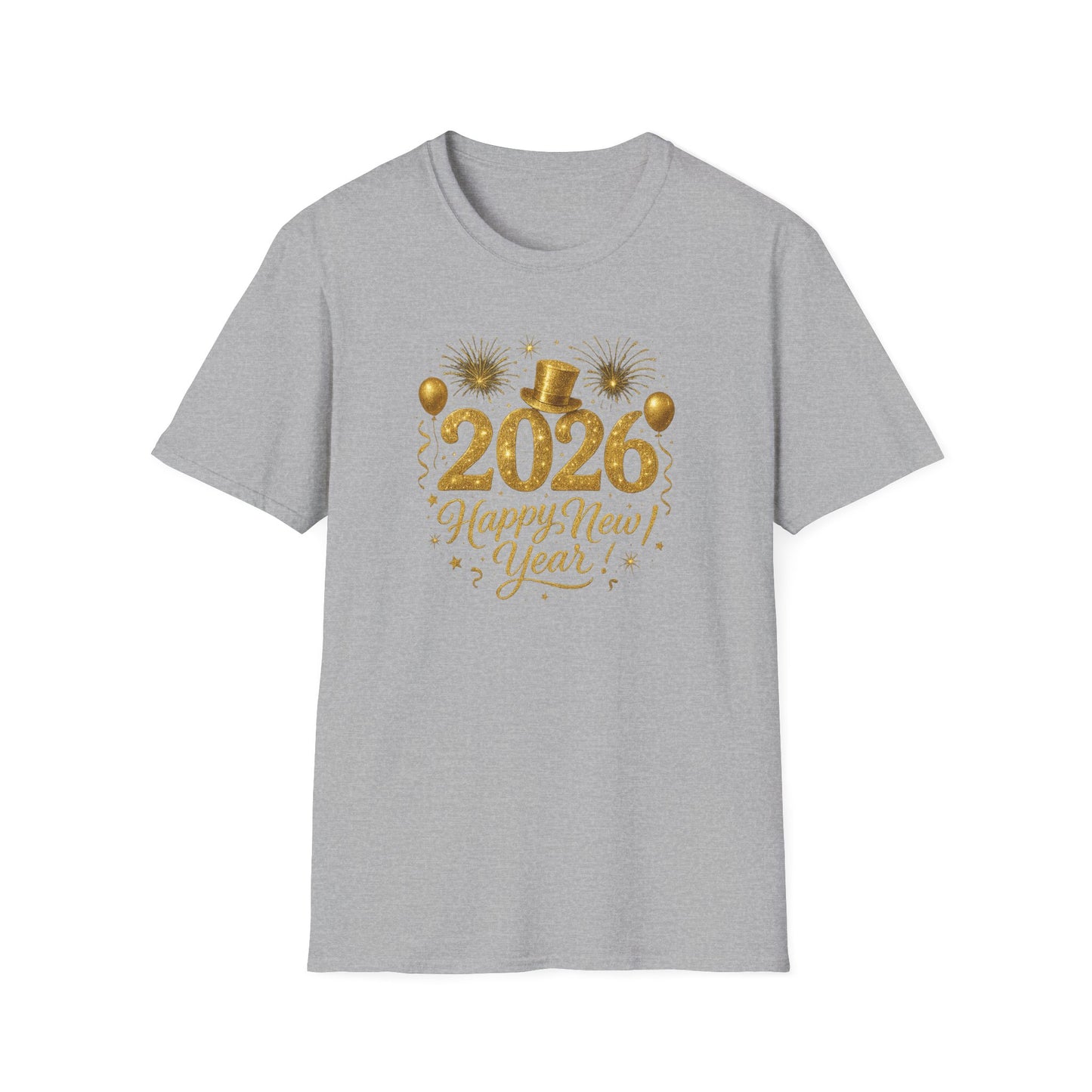 Happy New Year 2026 Gold Glitter T-Shirt – Sparkly New Year’s Eve Party Shirt, Festive 2026 NYE Tee with Fireworks & Balloons, Holiday Celebration Top