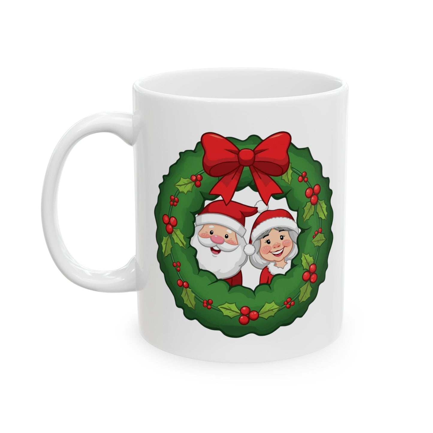 Santa and Mrs. Claus in a Wreath Mug – Cute Holiday Coffee Cup, Festive Santa Ceramic Mug, Christmas Gift Idea (11oz/15oz)