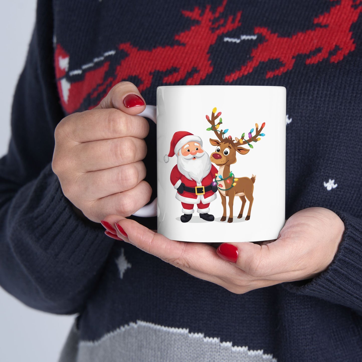 Santa and Rudolph Mug – Cute Holiday Coffee Cup, Festive Santa Ceramic Mug, Christmas Gift Idea (11oz/15oz)