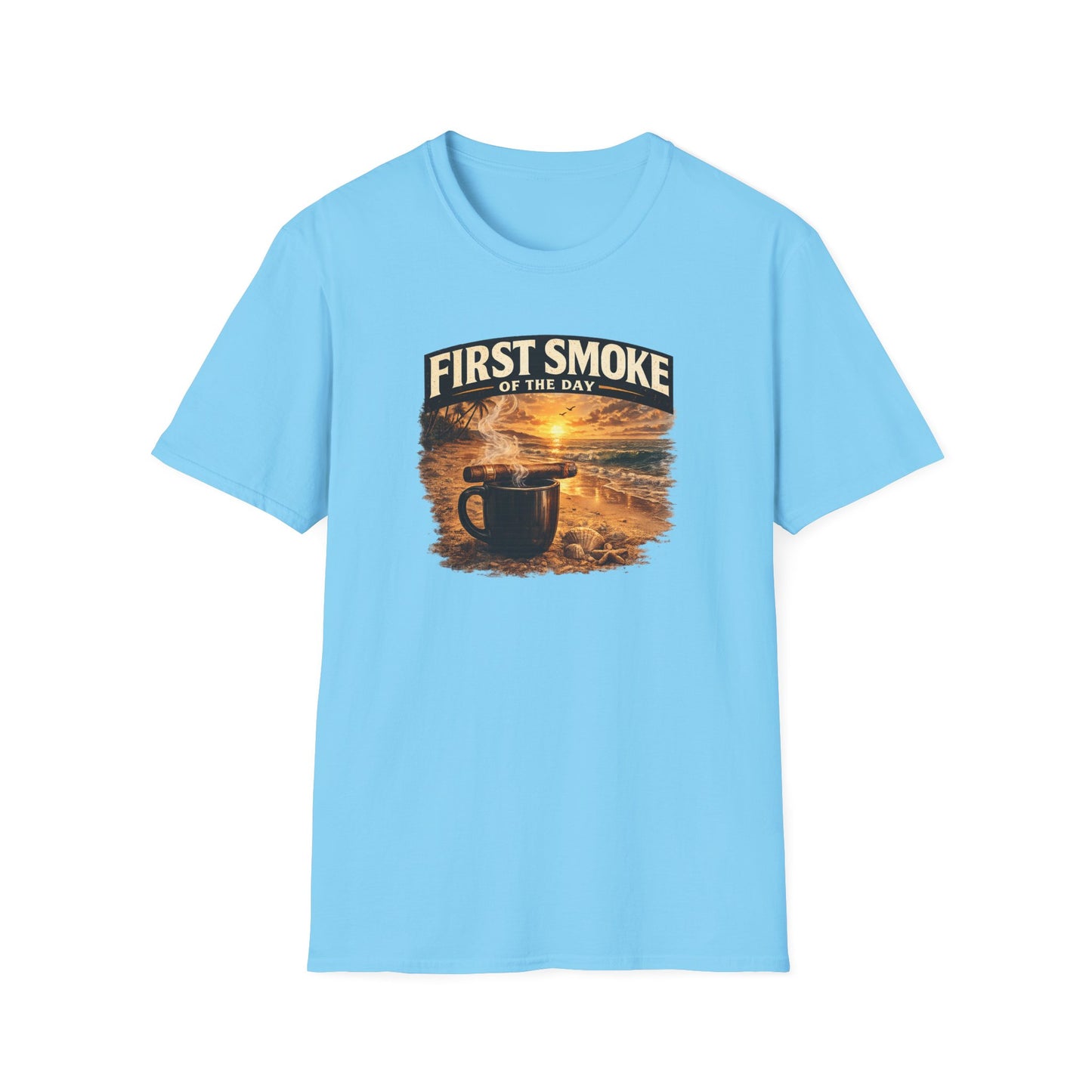 First Smoke of the Day T-Shirt – Cigar & Coffee Beach Sunrise Tee