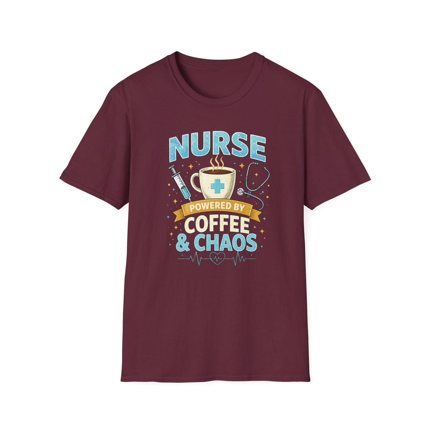 Nurse Powered by Coffee & Chaos Shirt, Funny Nurse Tee, RN CNA Gift, Nurse Life Graphic T-Shirt, Medical Worker Gift, Cute Nursing Shirt for Women Men