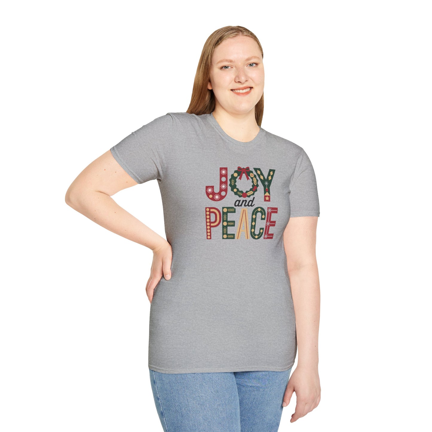 Joy and Peace Christmas T-Shirt – Festive Holiday Typography Tee with Wreath Design, Inspirational Christmas Shirt