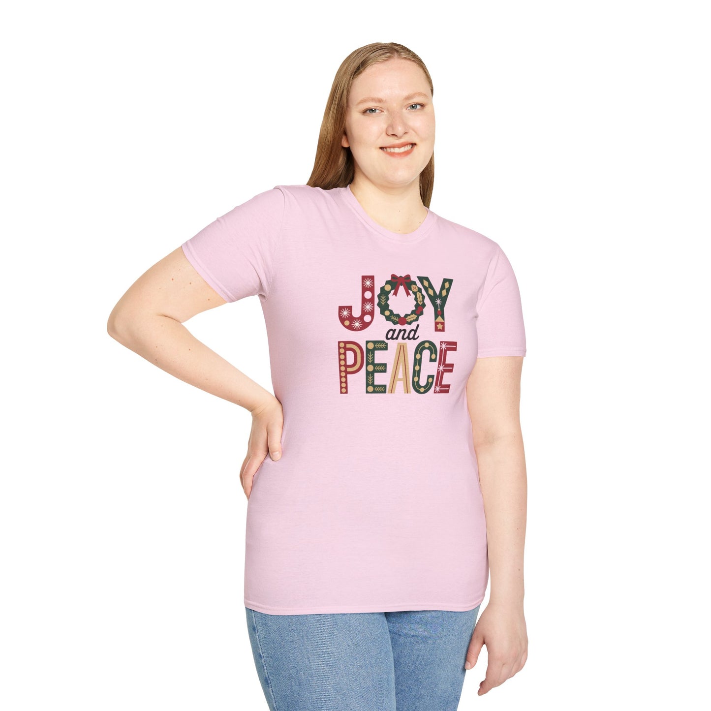 Joy and Peace Christmas T-Shirt – Festive Holiday Typography Tee with Wreath Design, Inspirational Christmas Shirt