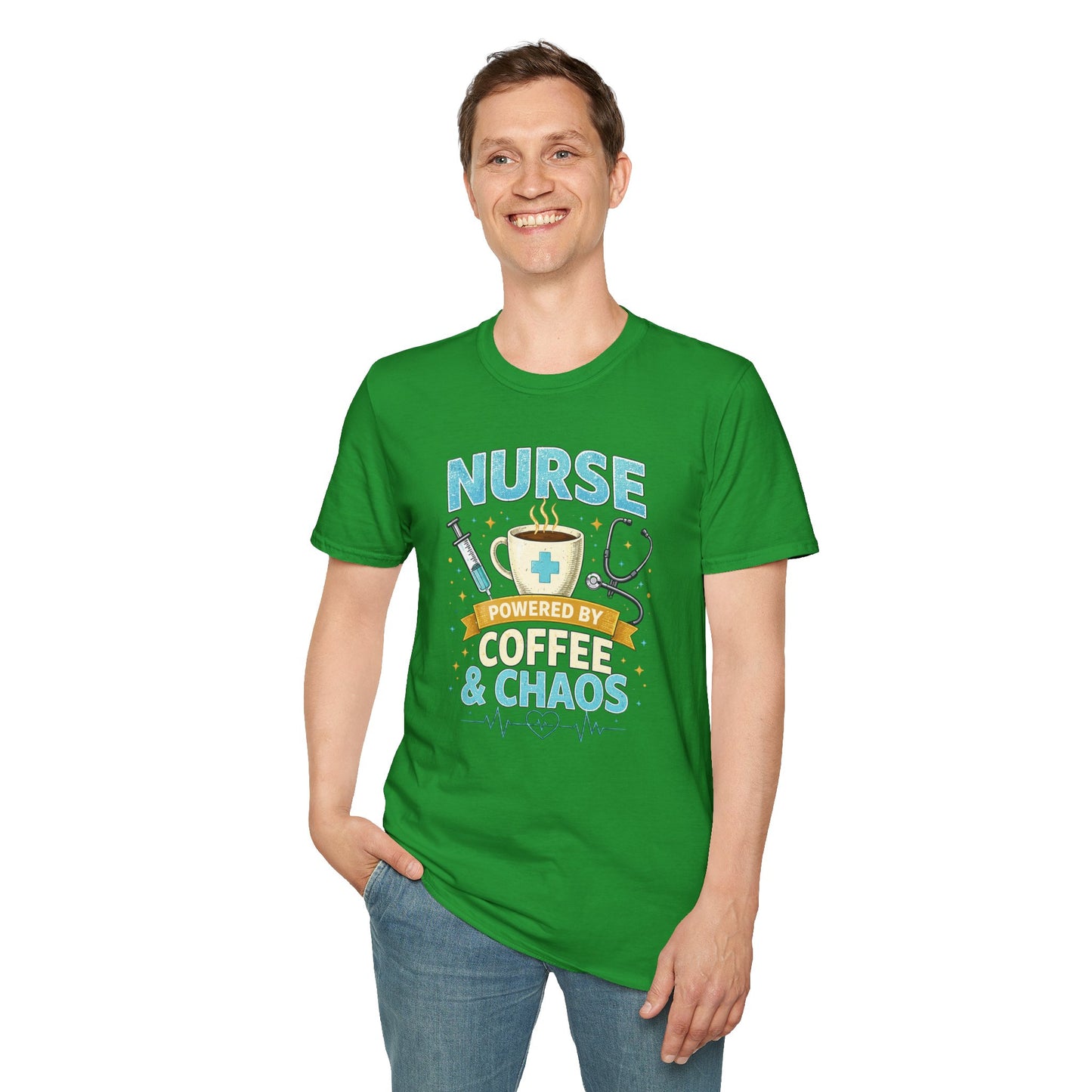 Nurse Powered by Coffee & Chaos Shirt, Funny Nurse Tee, RN CNA Gift, Nurse Life Graphic T-Shirt, Medical Worker Gift, Cute Nursing Shirt for Women Men