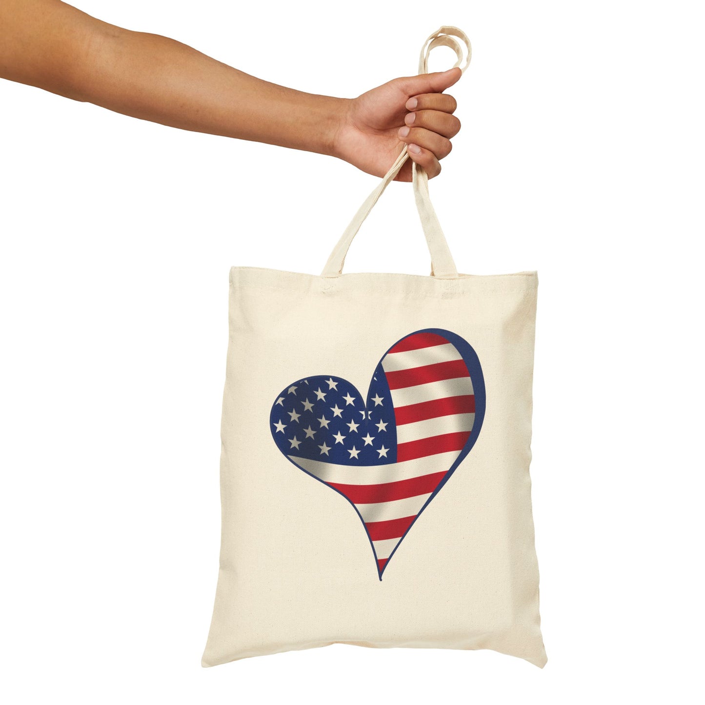 American Flag Heart Tote Bag, Cotton Canvas Grocery Shopping Beach Handbag, USA Pride Gift, Patriotic Shoulder Bag
