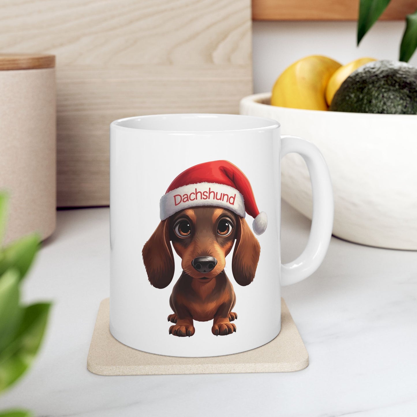Dachshund Holiday Portrait Mug – Cute Holiday Coffee Cup, Festive Dachshund Ceramic Mug, Christmas Gift Idea (11oz/15oz)
