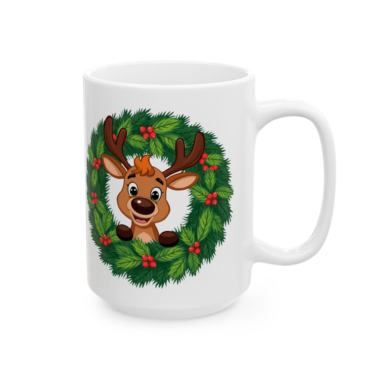 Reindeer in the Wreath Mug – Cute Holiday Coffee Cup, Festive Reindeer Ceramic Mug, Christmas Gift Idea (11oz/15oz)