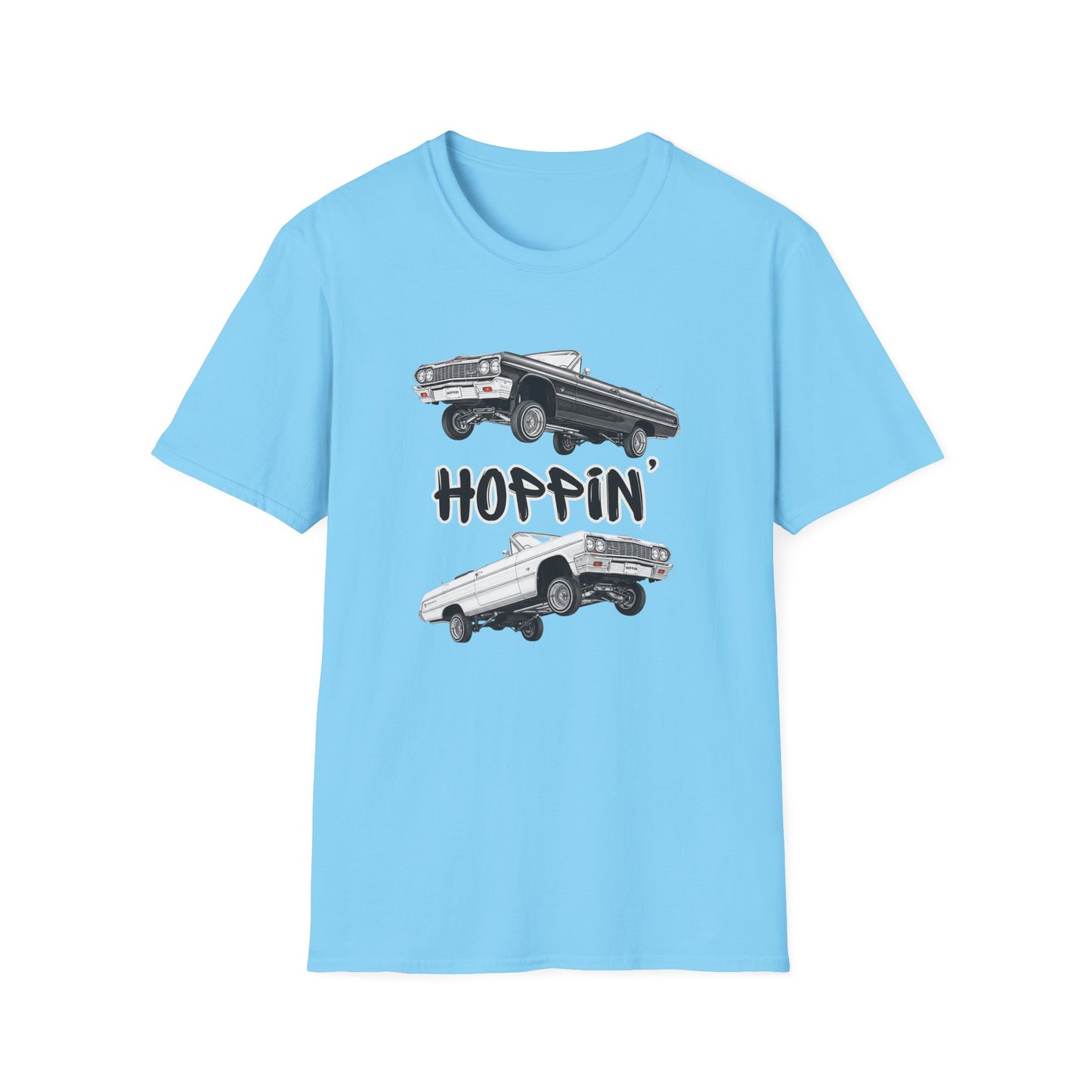 1964 Chevy Impala Hydraulics Lowrider Hoppin' Ink Drawing T-Shirt - Old School Hip Hop Cholo Art Tee Design - Chicano Car Club Graphic Tee