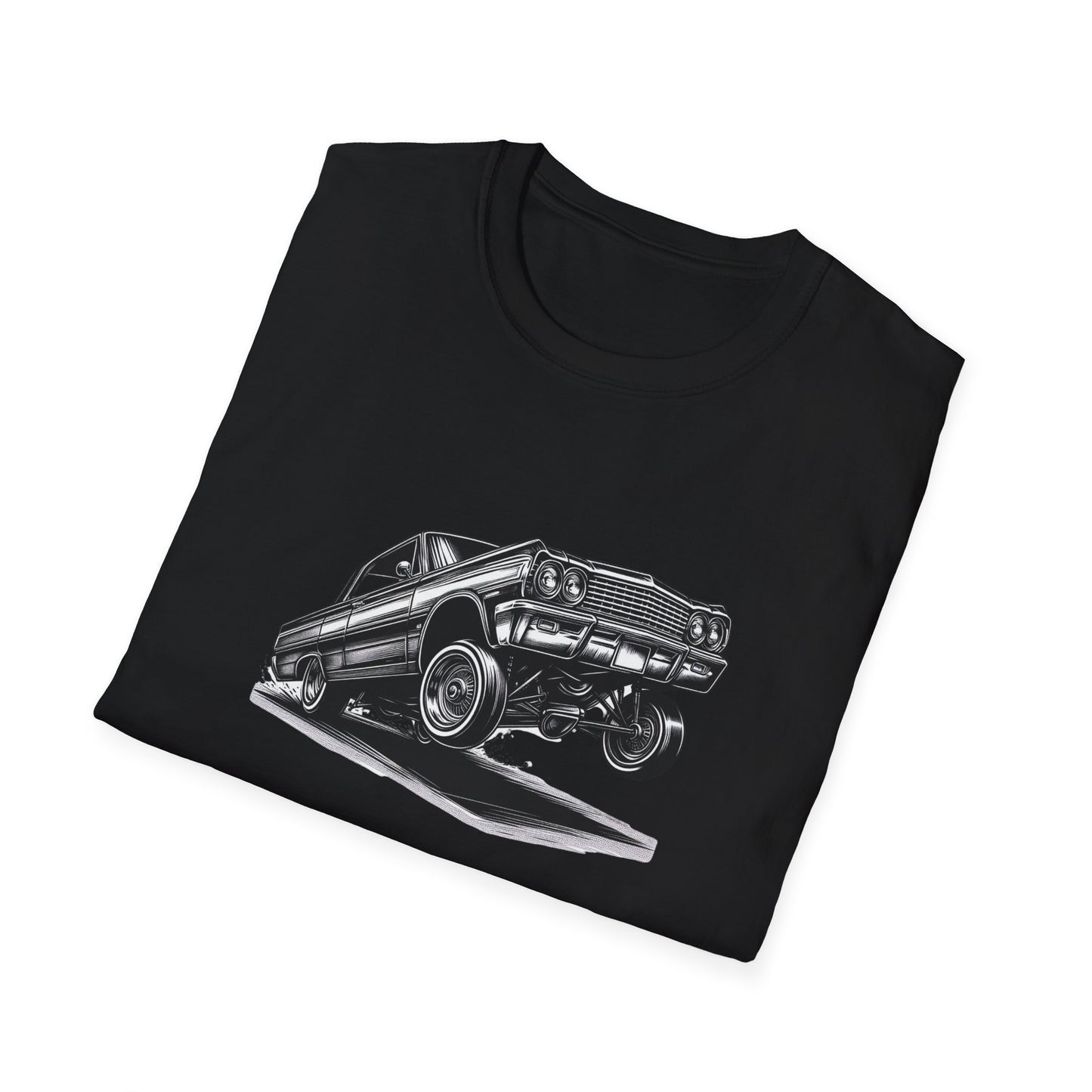 1964 Chevy Impala Hydraulics Lowrider Ink Drawing Graphic T-Shirt - Old School Hip Hop Cholo Art Design - Chicano Car Club Graphic Tee