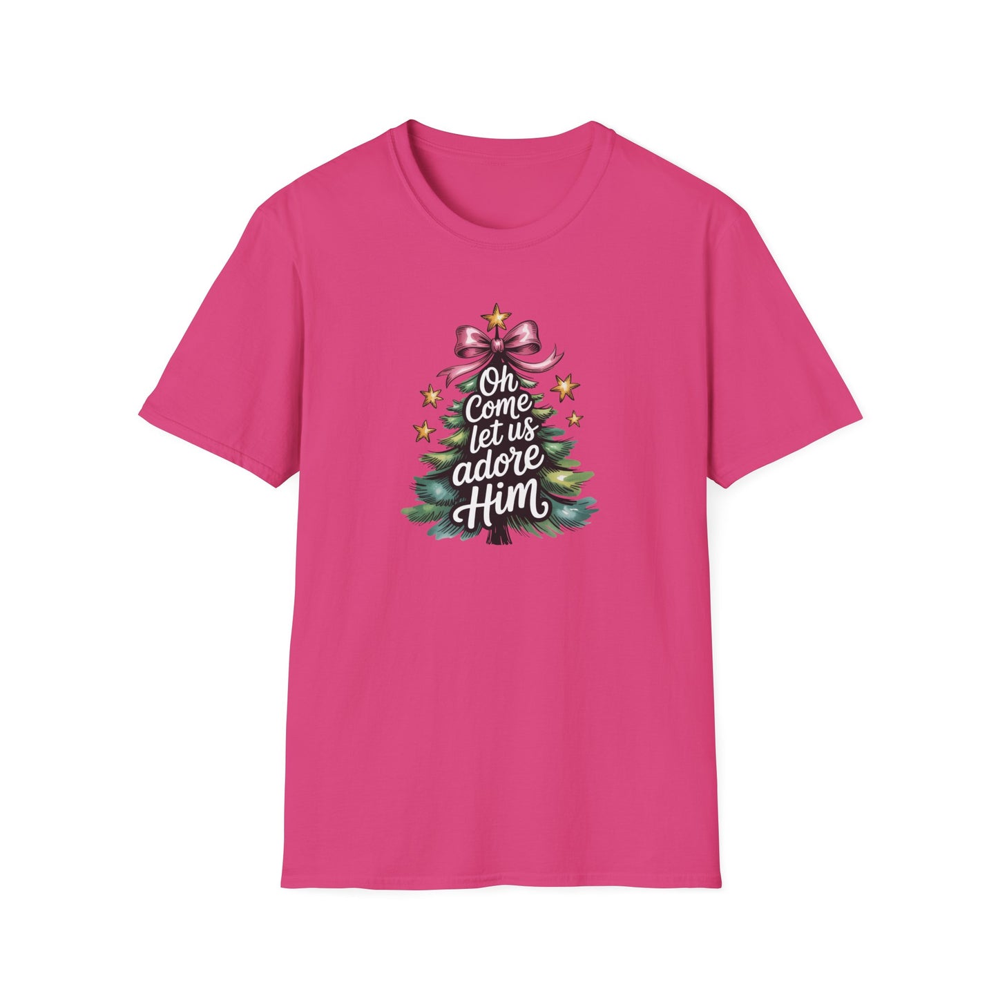 Oh Come Let Us Adore Him Christmas T-Shirt – Christian Holiday Tee with Bow and Christmas Tree Design