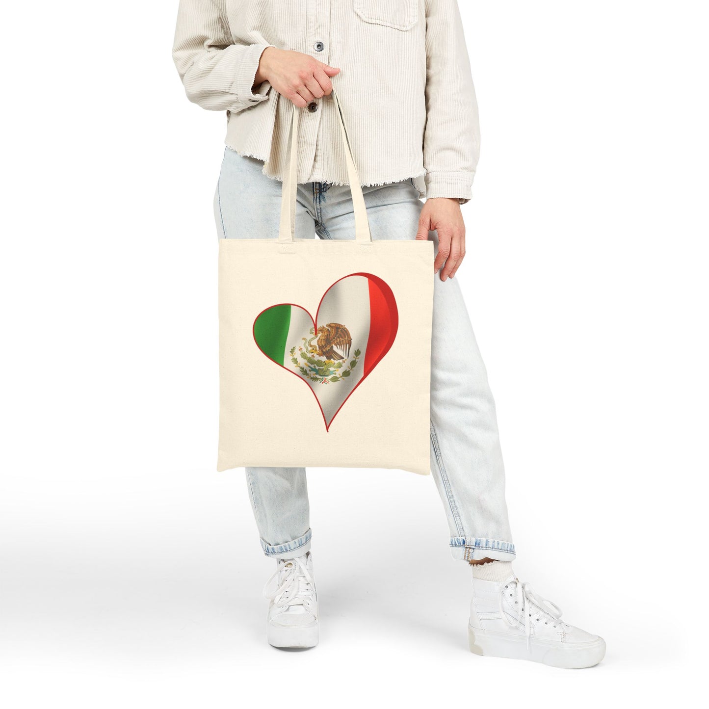 Mexico Flag Heart Tote Bag, Cotton Canvas Grocery Shopping Beach Handbag, Mexican Pride Gift, Patriotic Shoulder Bag