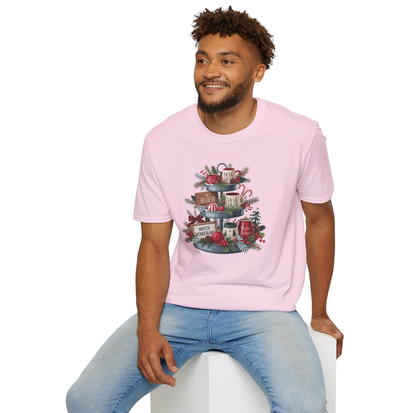 Christmas Mug Stack T-Shirt – Festive Holiday Tiered Tray Shirt with Fa La La Winter Wonderland Graphic Tee