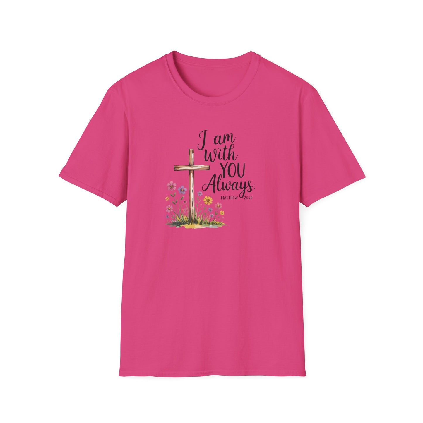 I Am With You Always Christian T-Shirt – Matthew 28:20 Scripture Tee with Cross and Flowers, Faith Inspirational Shirt