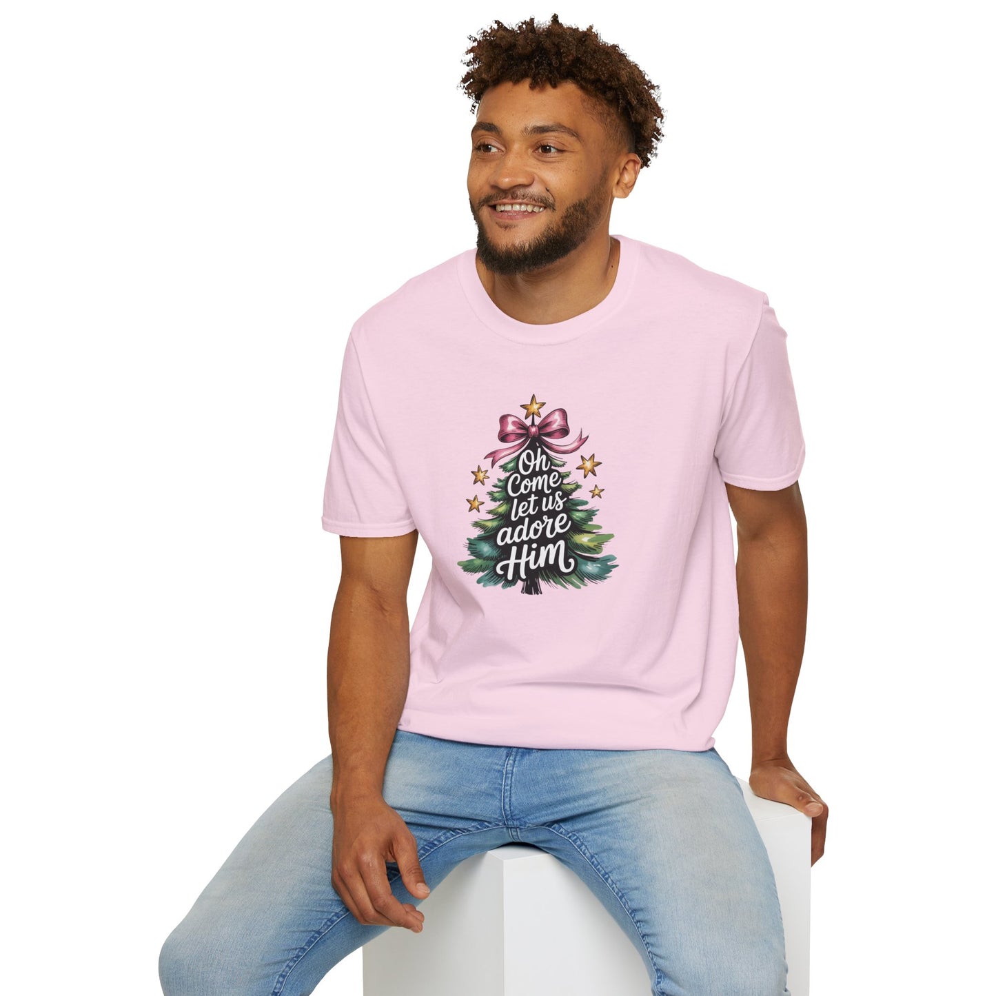 Oh Come Let Us Adore Him Christmas T-Shirt – Christian Holiday Tee with Bow and Christmas Tree Design