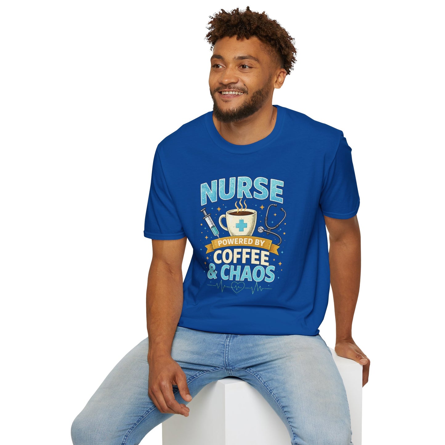 Nurse Powered by Coffee & Chaos Shirt, Funny Nurse Tee, RN CNA Gift, Nurse Life Graphic T-Shirt, Medical Worker Gift, Cute Nursing Shirt for Women Men