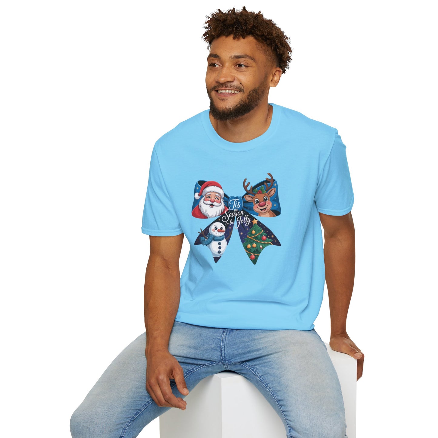 ’Tis the Season to Be Jolly Christmas T-Shirt – Cute Santa Reindeer Snowman & Christmas Tree Bow Holiday Tee