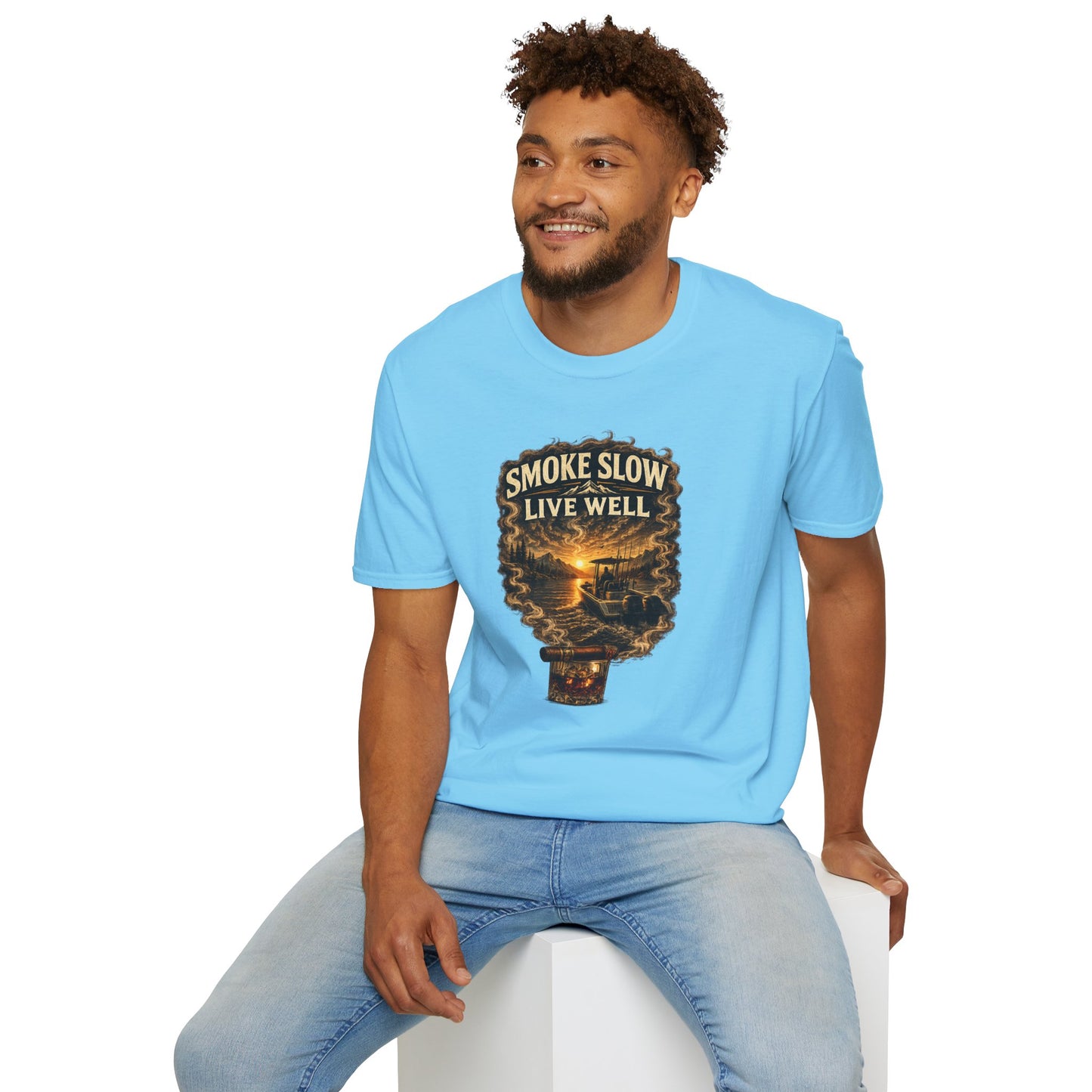Smoke Slow Live Well Cigar T-Shirt – Whiskey & Outdoor Boating Lifestyle Cigar Tee