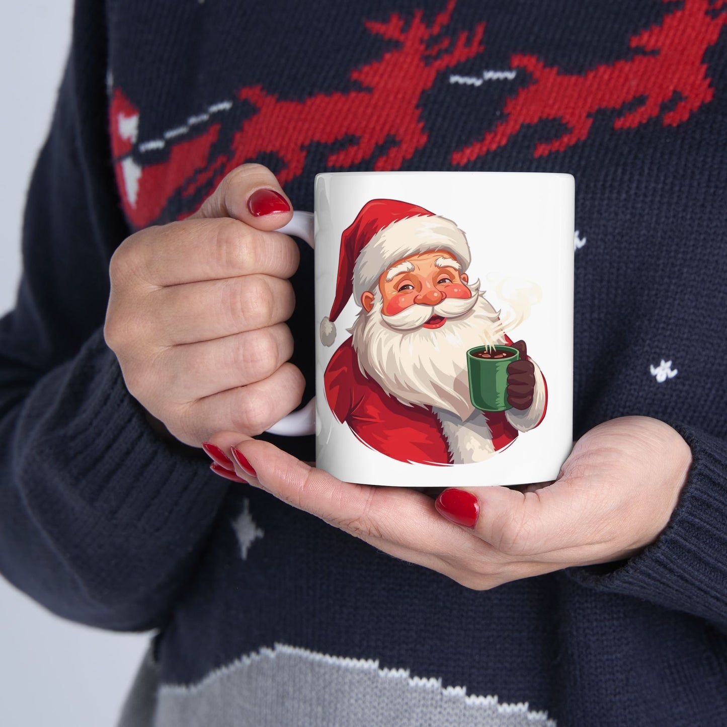 Santa enjoying Hot Chocolate Mug – Cute Holiday Coffee Cup, Festive Santa Ceramic Mug, Christmas Gift Idea (11oz/15oz)