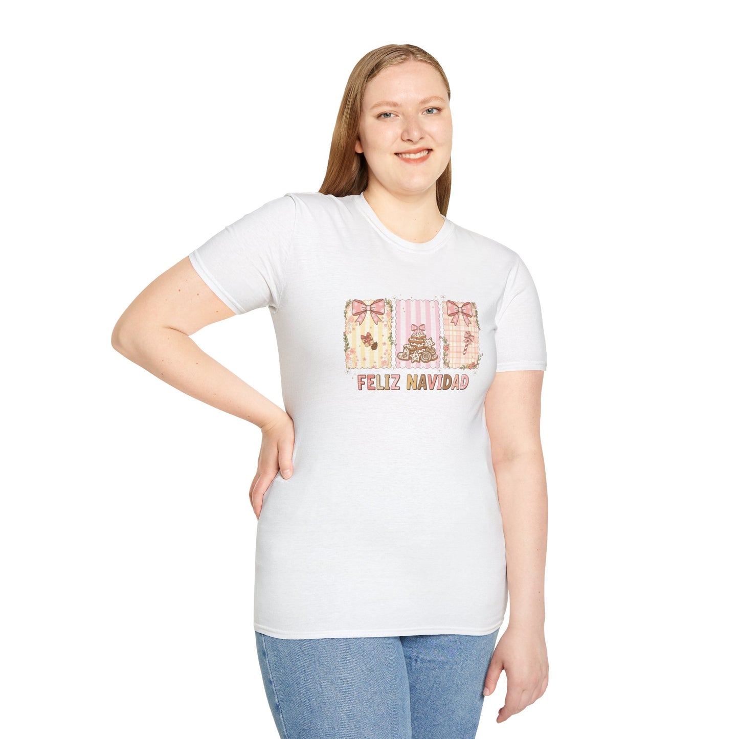 Feliz Navidad Christmas T-Shirt – Cute Pastel Holiday Tee with Bows & Gingerbread Design, Festive Spanish Christmas Shirt