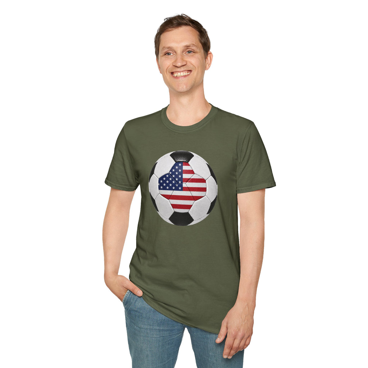 USA Soccer Ball Shirt, American Flag Soccer Tee, Red White Blue Soccer T-Shirt, Patriotic Game Day Fan Shirt