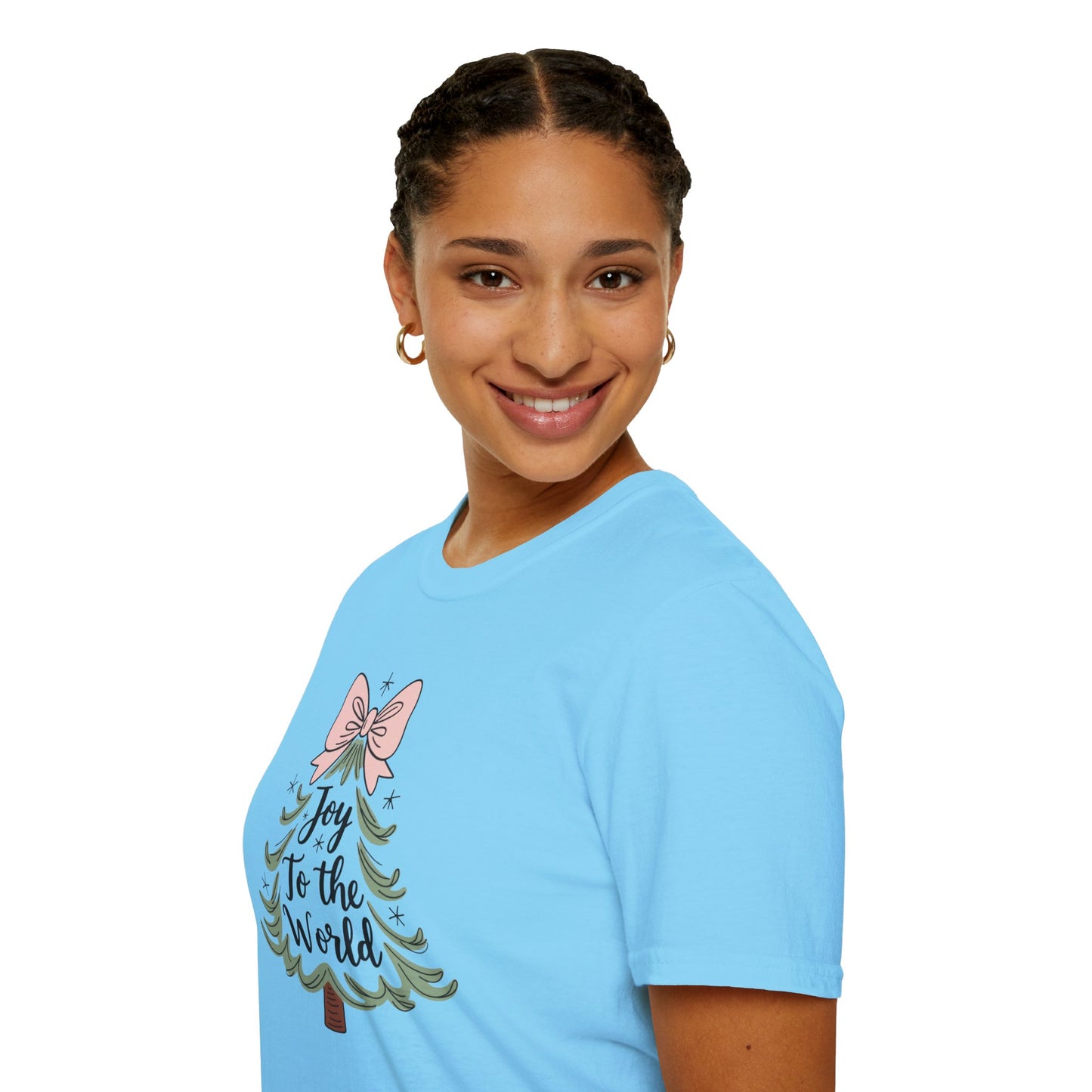 Joy to the World Christmas T-Shirt – Cute Pastel Bow Christmas Tree Tee, Festive Holiday Graphic Shirt for Women