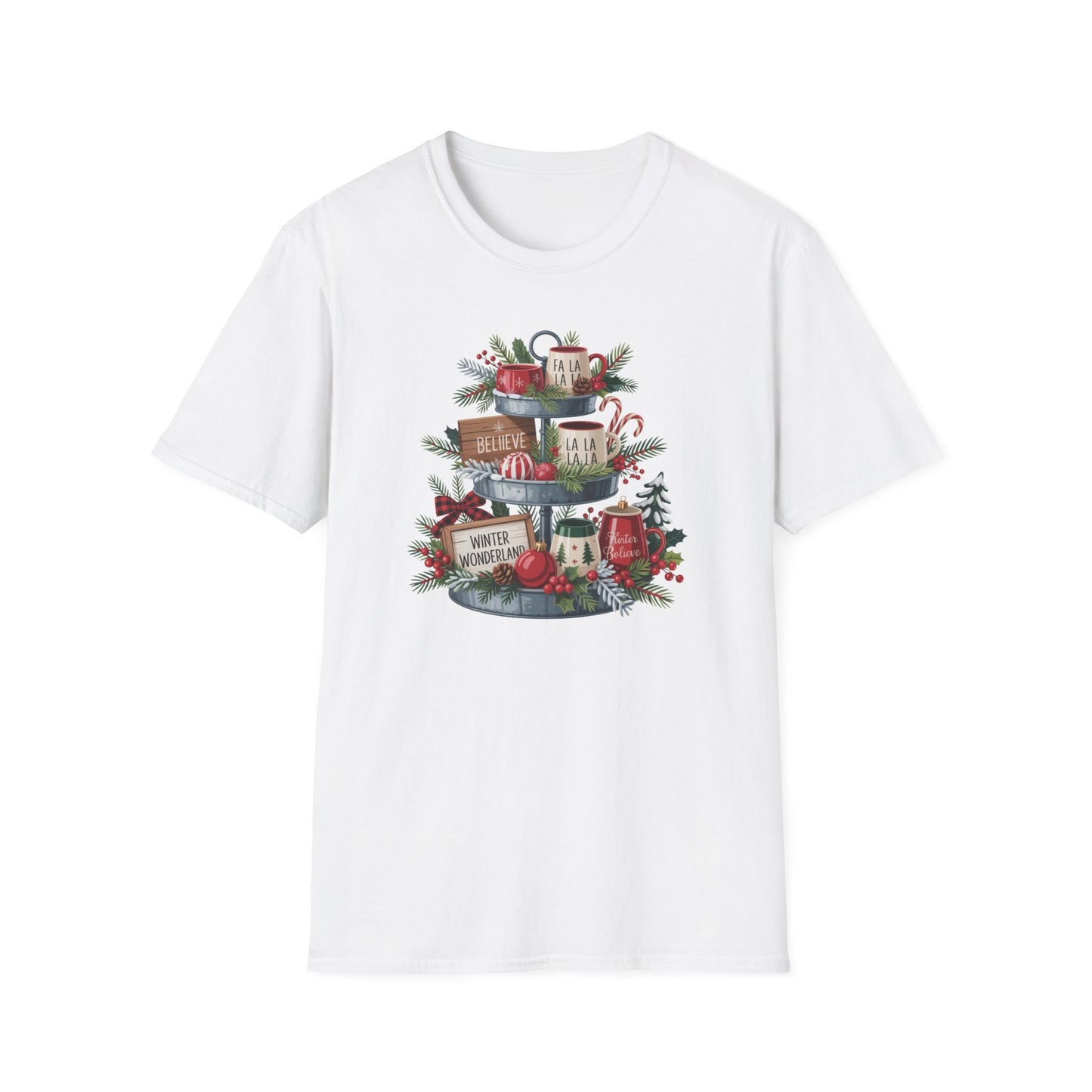 Christmas Mug Stack T-Shirt – Festive Holiday Tiered Tray Shirt with Fa La La Winter Wonderland Graphic Tee