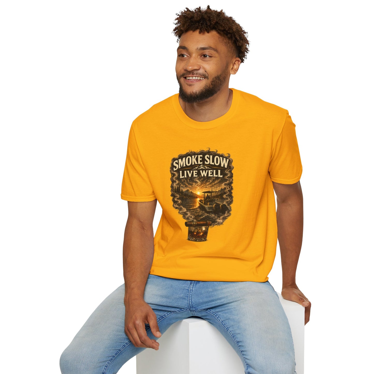 Smoke Slow Live Well Cigar T-Shirt – Whiskey & Outdoor Boating Lifestyle Cigar Tee