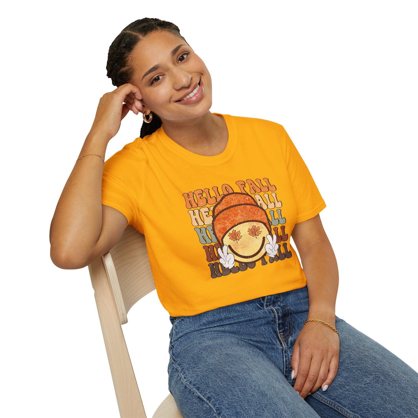 Hello Fall Happy Face Peace T-Shirt, Autumn Graphic Tee, Relaxing Casual Top, Seasonal Clothing, Thanksgiving Tee, Friendsgiving gift