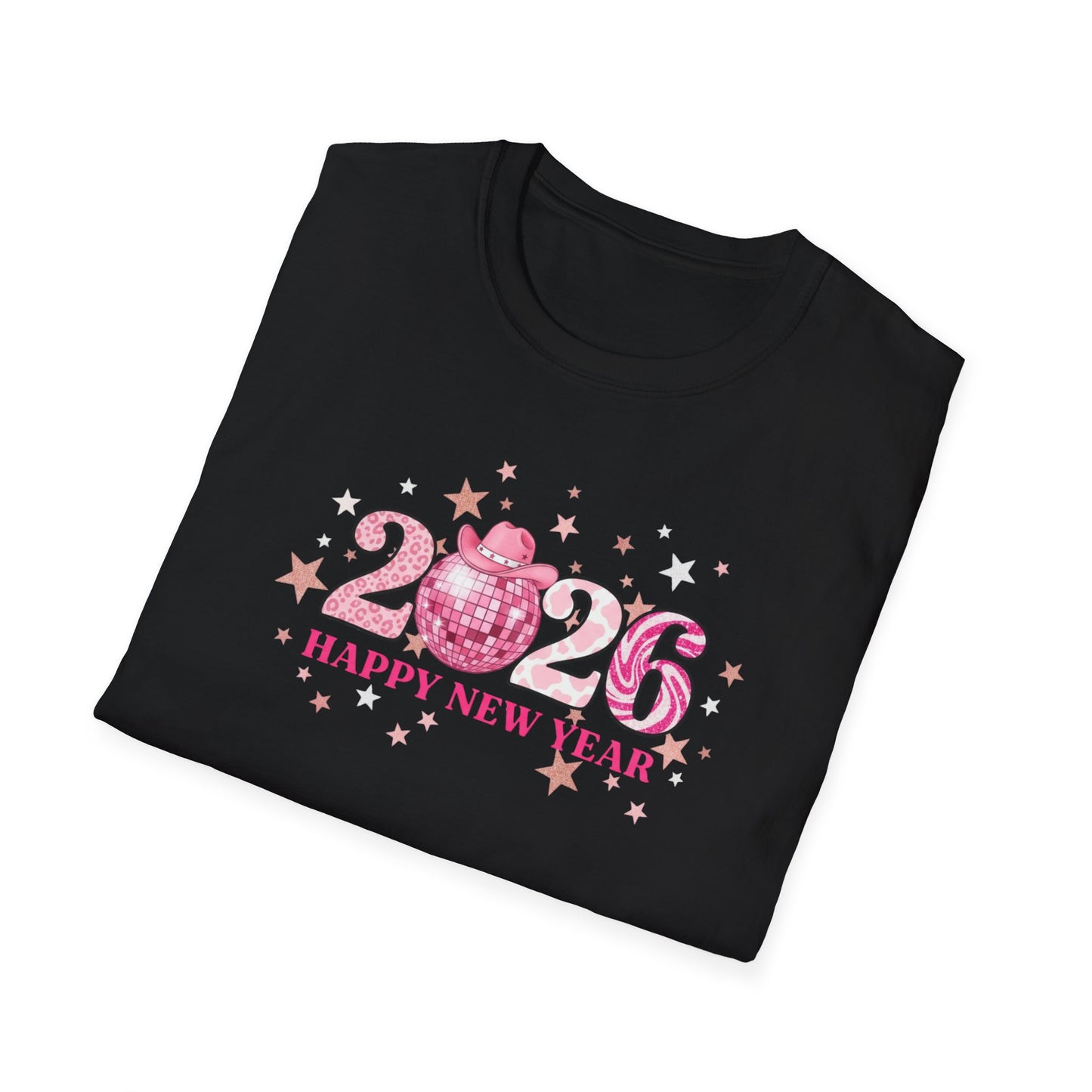 Happy New Year 2026 Pink Disco Cowgirl T-Shirt – Western New Year Shirt, Cute Pink 2026 Tee with Cowboy Hat & Stars, NYE Party Graphic Top