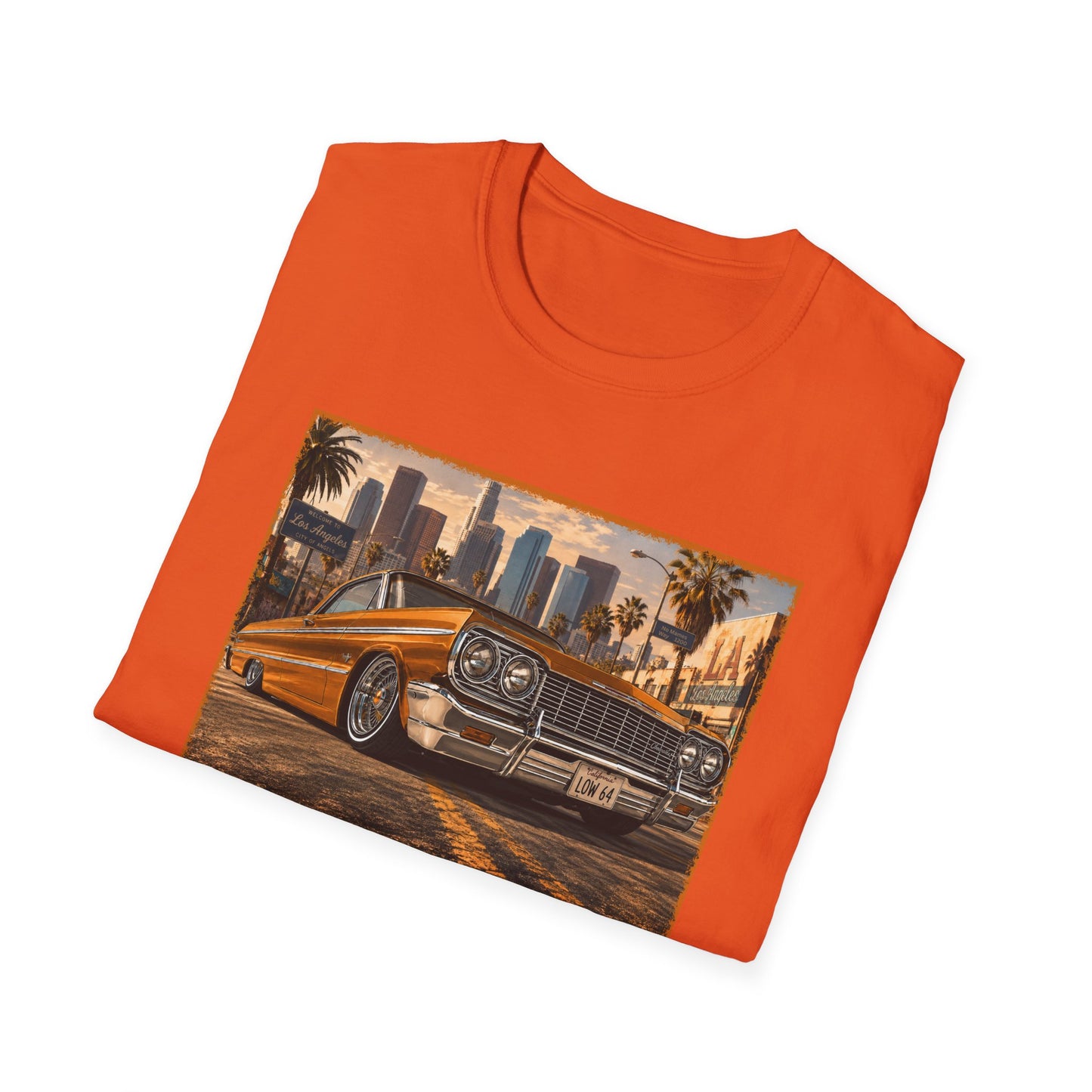 Los Angeles Lowrider T-Shirt, Orange Classic Car Graphic Tee, 1964 Style Car Shirt for Car Lovers