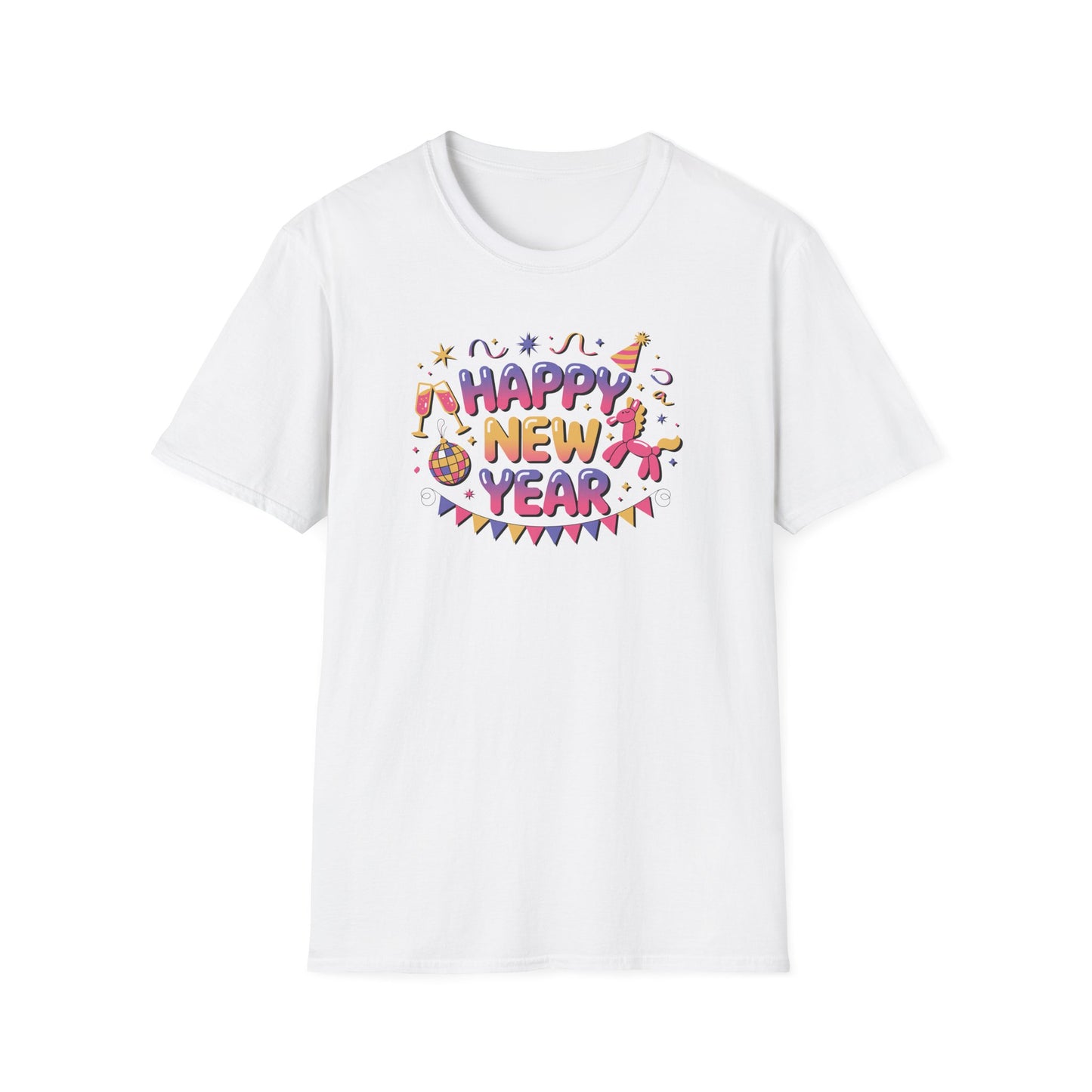 Happy New Year 2026 T-Shirt – Cute Colorful New Year Shirt, Fun Party Celebration Graphic Tee, Balloon Animal & Champagne NYE 2026 Top